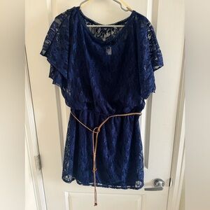 JFW Navy Blue Lace Short Sleeve Mini Dress Elastic Waist with Brown Belt Size XL